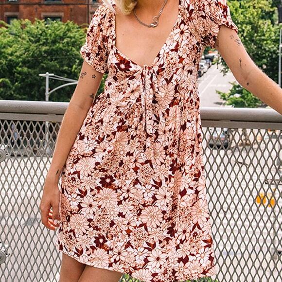 Volcom Women's Goovestone Printed Short Babydoll Dress Dark Clay Size XL/12 - Picture 1 of 12